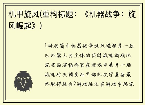 机甲旋风(重构标题：《机器战争：旋风崛起》)