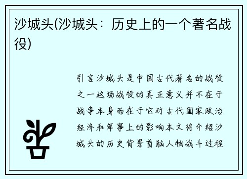 沙城头(沙城头：历史上的一个著名战役)